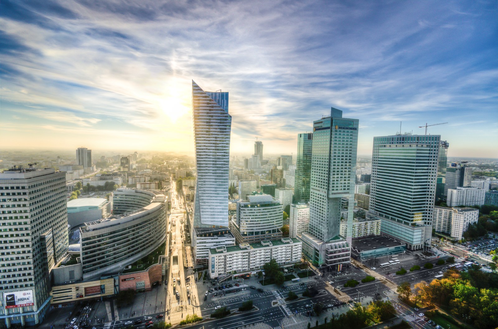 Historical view of downtown Warsaw with high-rise buildings and streets