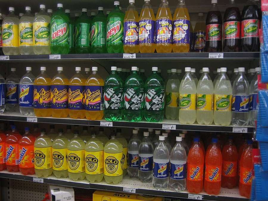 Soft drinks on a supermarket shelf