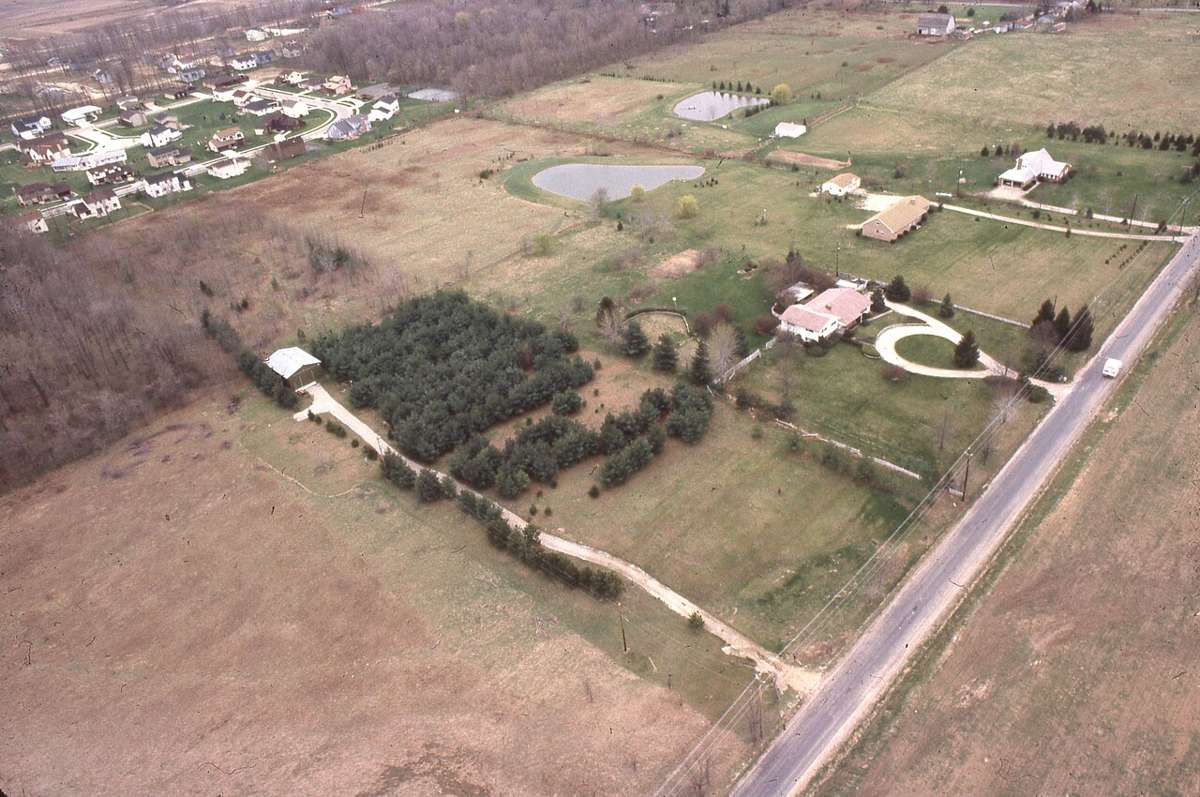 Aerial view of a suburban neighborhood in the United States