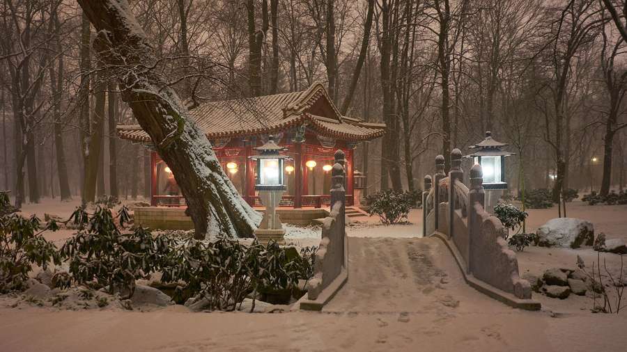 The Chinese pavilion in Warsaw's Lazienki Park covered in snow