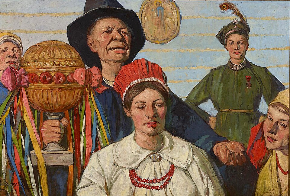 A historical painting of the oczepiny ritual, the unveiling of the bride at a traditional Polish wedding