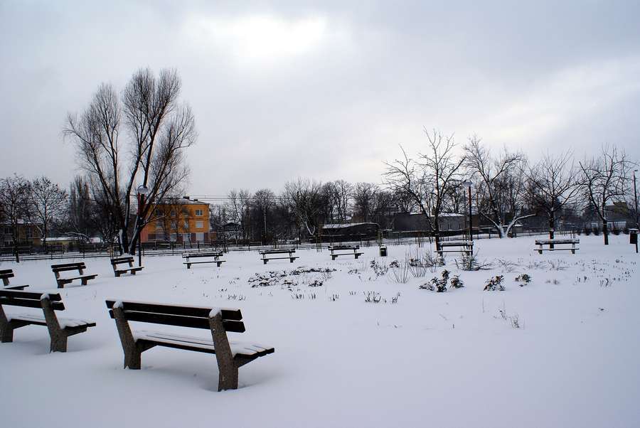 A snow-covered Warsaw park in winter with benches and bare trees under a grey sky