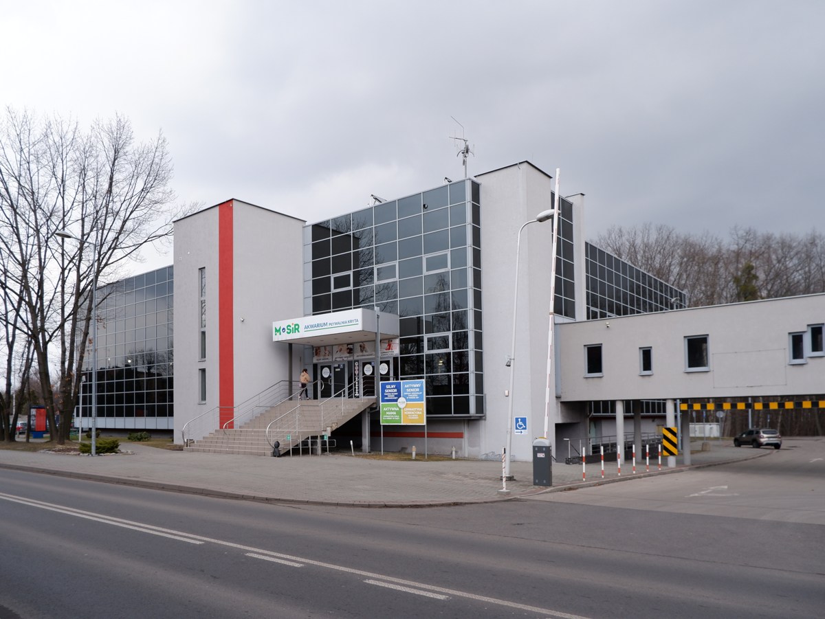 Exterior of the indoor swimming pool in Boguszowice, Rybnik, photographed in March 2022