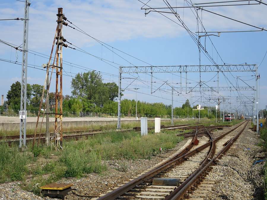 Railway tracks on the Warsaw-Katowice line in Radomsko with overhead power lines