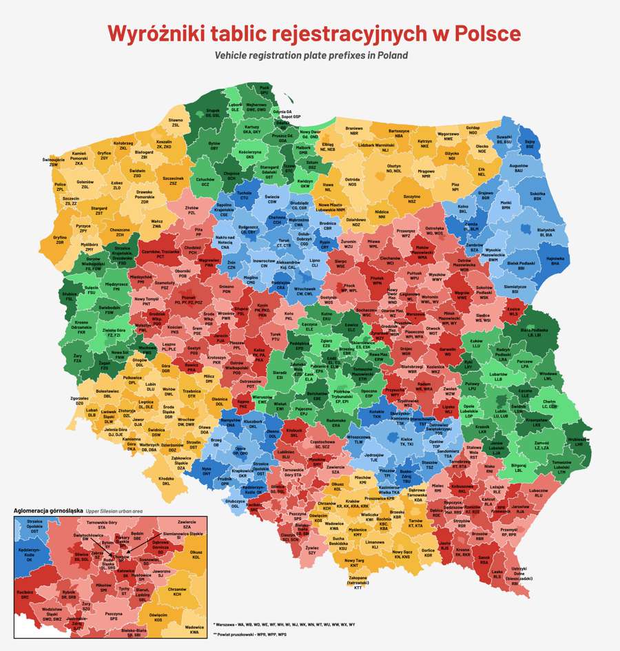 Map of Polish vehicle registration plate prefixes by district