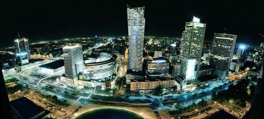 Night view of the Warsaw city centre skyscrapers