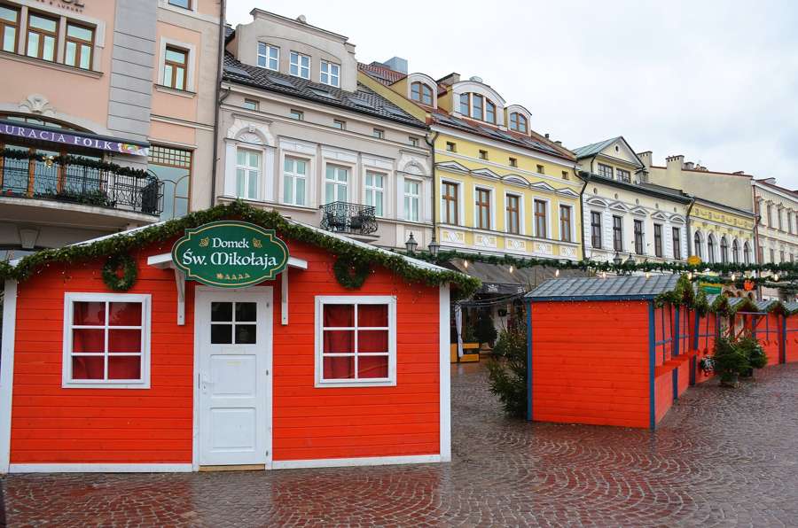 Santa's House and red market huts on Rzeszów's main square, December 2024