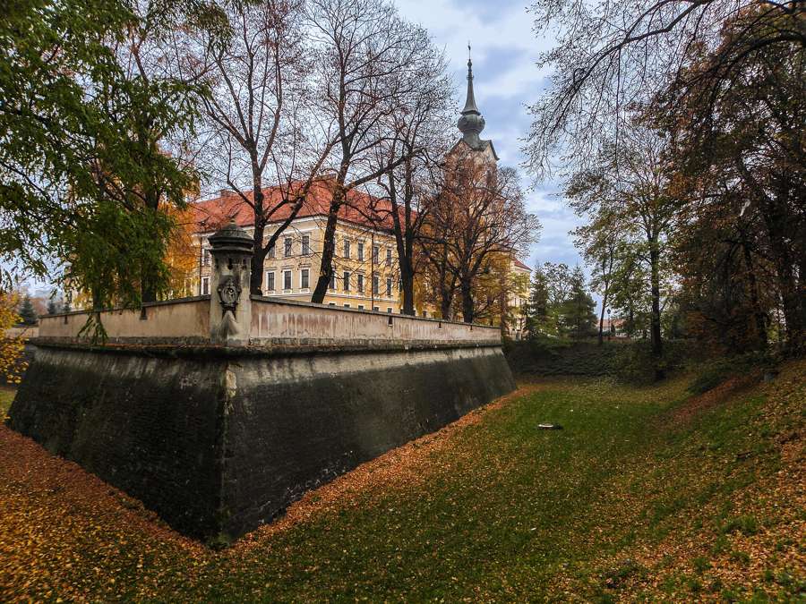 The Lubomirski castle in Rzeszów, seen from the bastion walls in autumn
