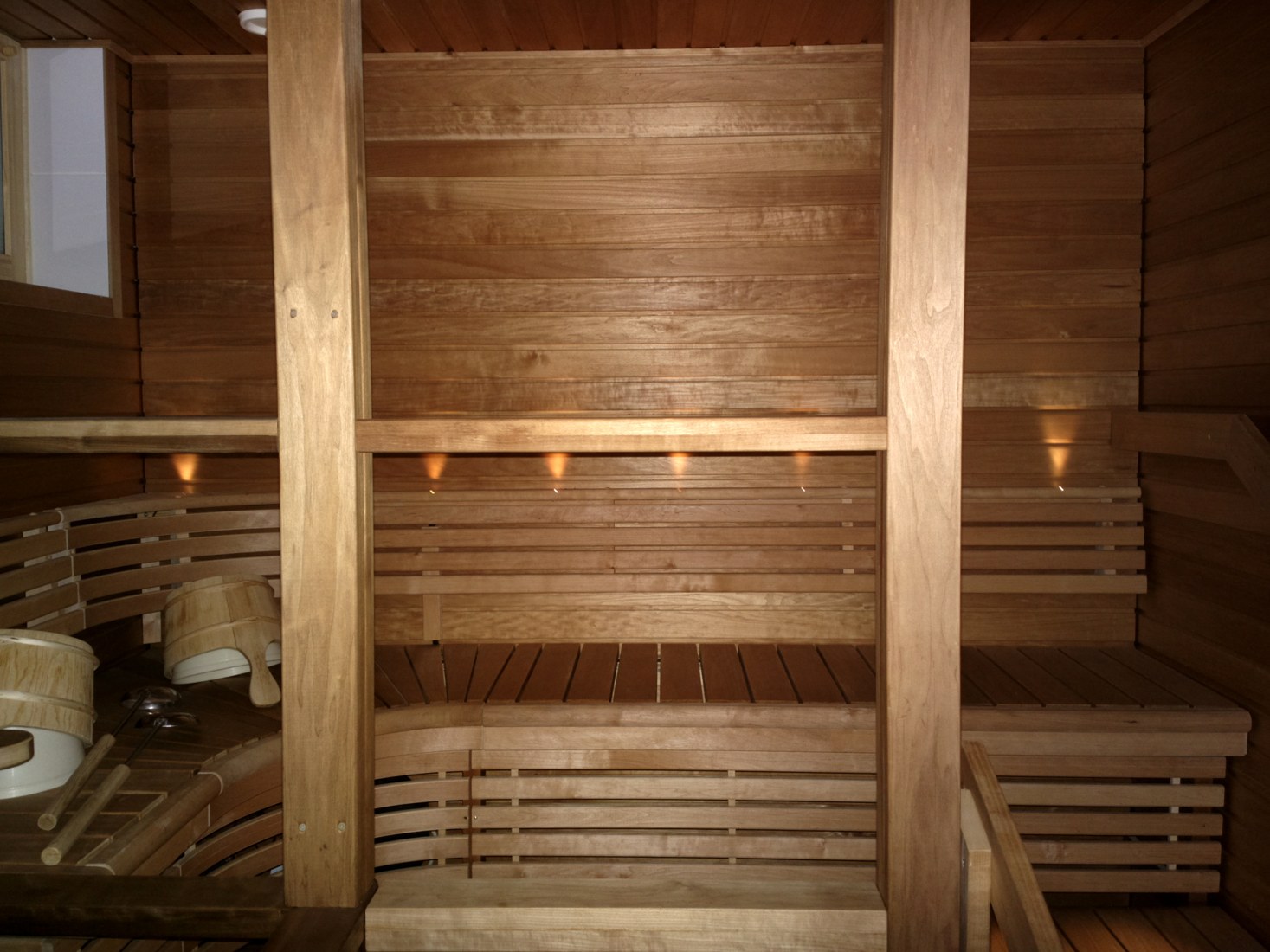 Empty wooden sauna benches in Järvenpää, Finland, photographed in December 2012