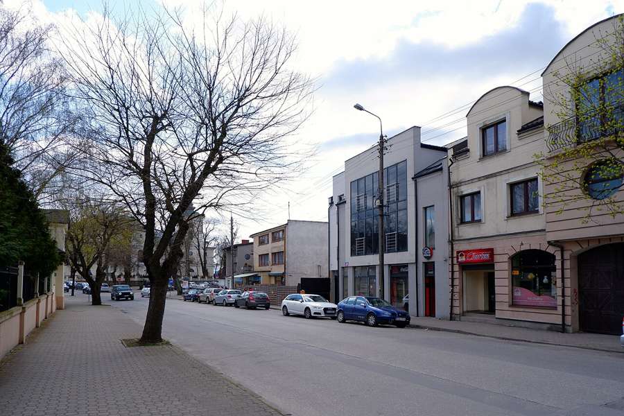 A street with trees and shops in Skierniewice