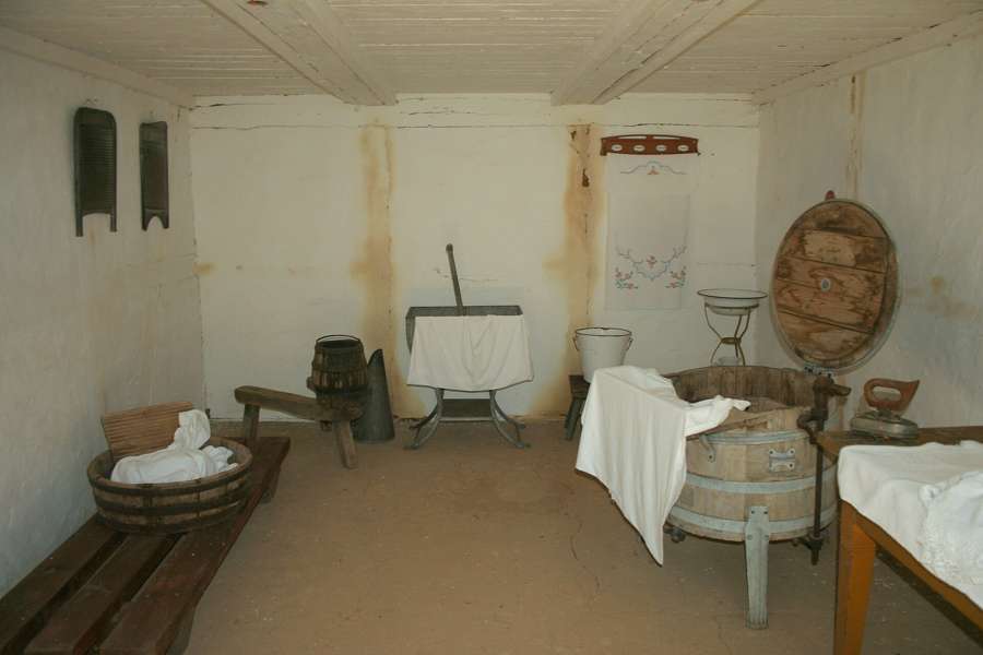 A reconstructed household interior at the Kluki open-air museum