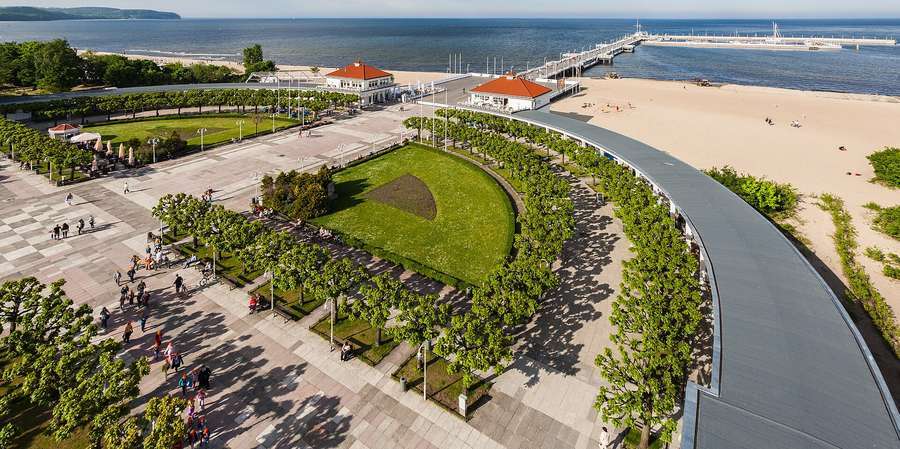Aerial view of the Sopot pier reaching into the Baltic