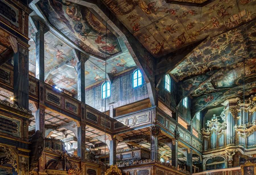 The painted wooden interior of the Church of Peace in Swidnica