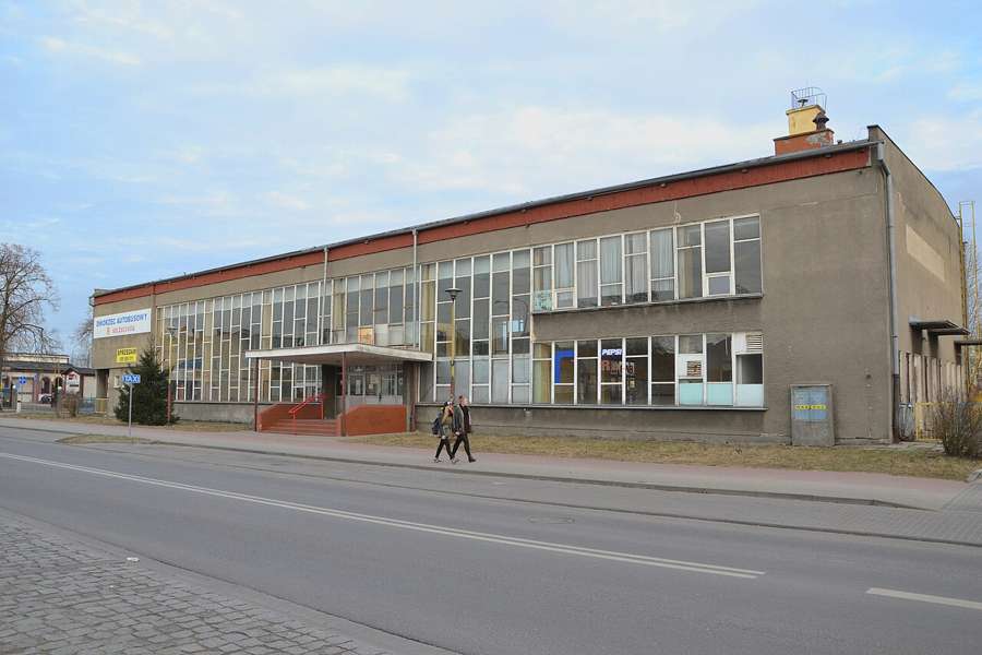 Bus station building in Szczecinek next to a street