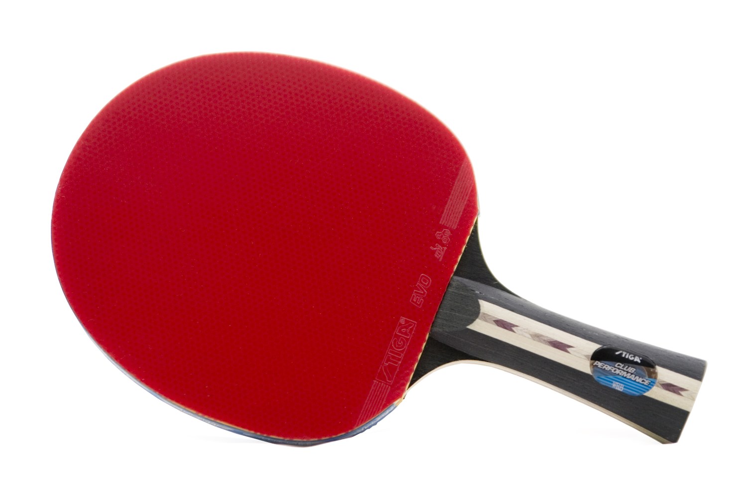 Red-faced table-tennis bat with wooden handle photographed against a white background