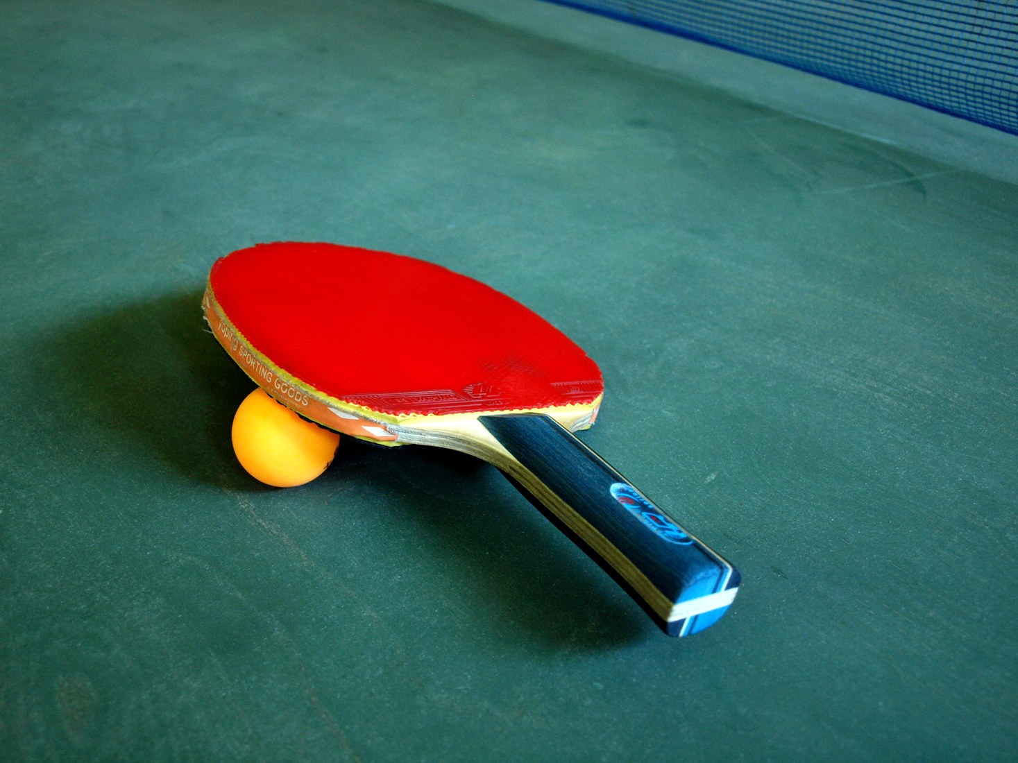 Table-tennis bat resting over an orange ball on a green table in June 2016