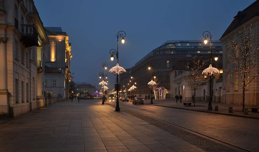 Krakowskie Przedmiescie in Warsaw on a winter evening, one of the quieter corners of the city center for a long talk