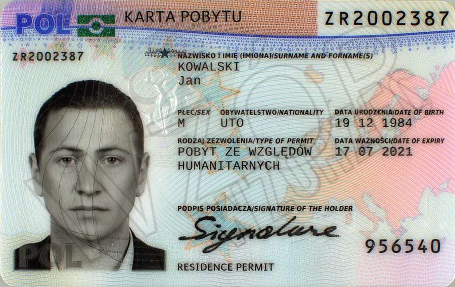 The 2020 specimen of the Polish residence card (karta pobytu)
