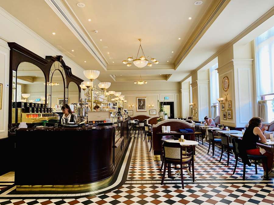The elegant interior of Cafe Bristol at the Bristol Hotel in Warsaw, photographed in 2019