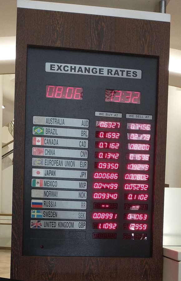 An electronic exchange rates board in a bank listing currencies including the Canadian dollar