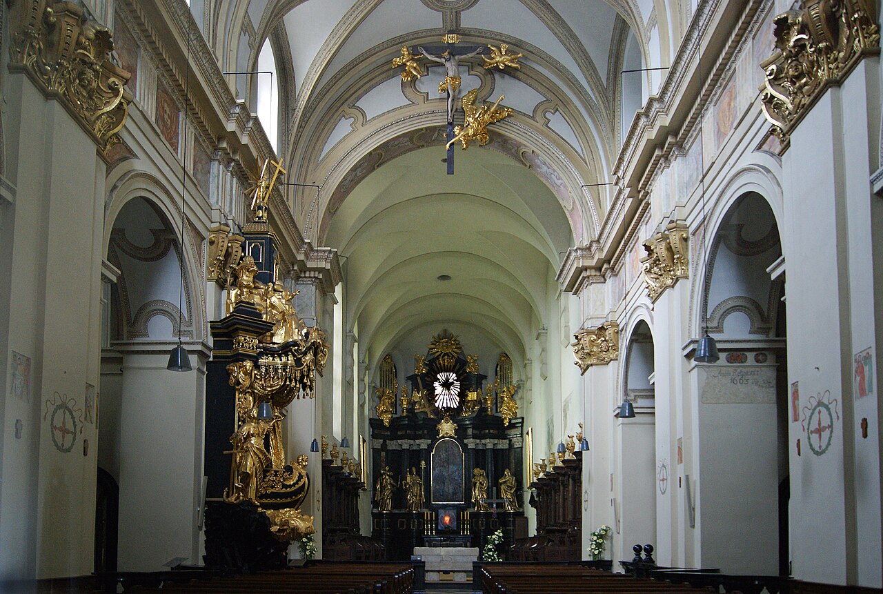 Baroque interior of the Abbey church in Tyniec with the boat-shaped pulpit