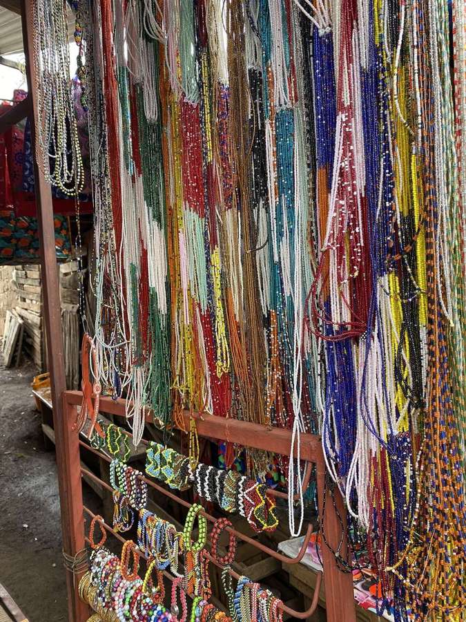 A market stall with beaded jewelry
