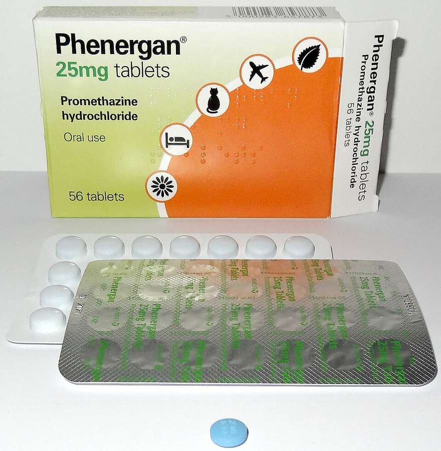 A UK Phenergan medicine box with blister packs, an educational packaging example and not a recommendation