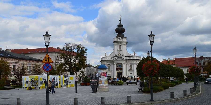 Main square in Wadowice with the basilica and town hall tower