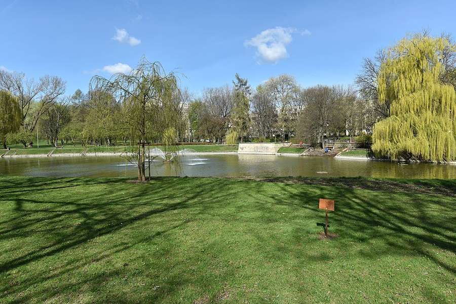 The pond and lawns of Morskie Oko park in Warsaw's Mokotow district on a sunny day