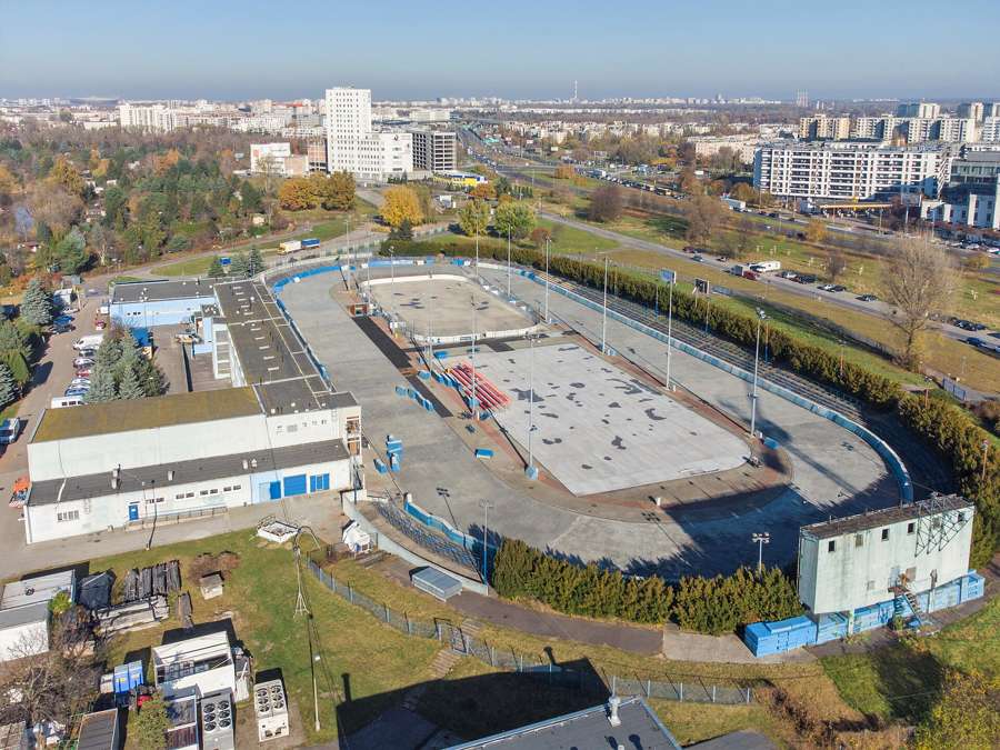 The Stegny sports complex and its outdoor speed-skating track from above