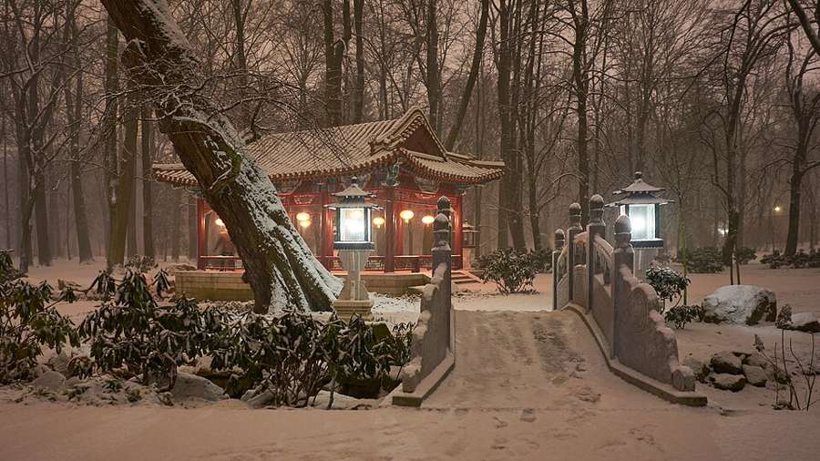 Łazienki Park in Warsaw under fresh snow
