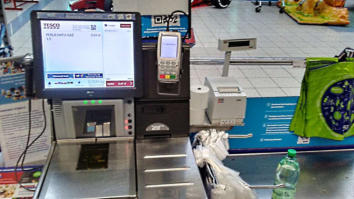 Self-service checkouts in a Tesco supermarket in Poland