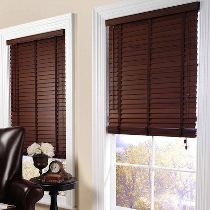 Illustrative faux wood slatted window blinds photographed in November 2013