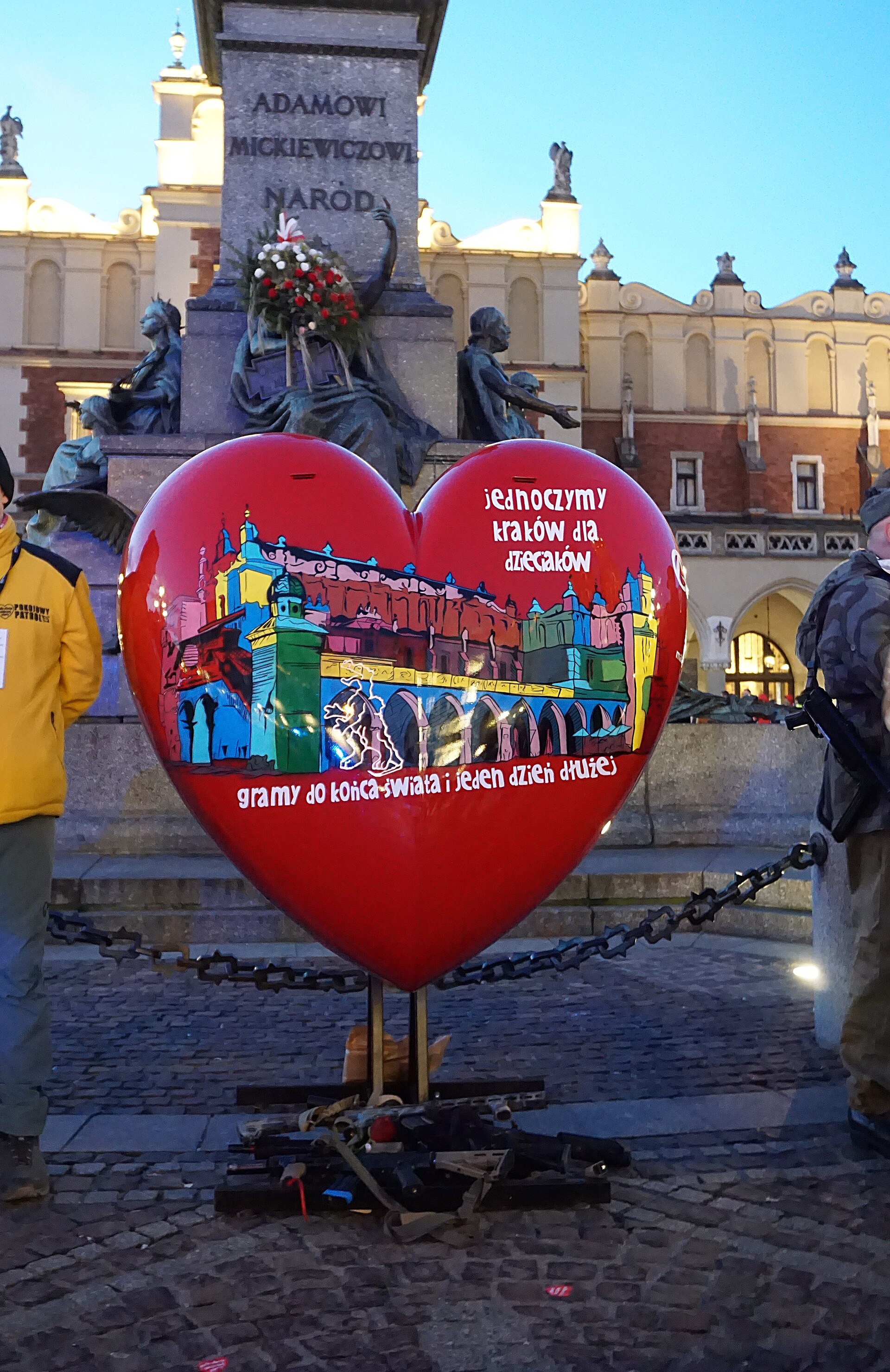 The heart-shaped WOSP collection point on Krakow's Main Market Square during the 33rd Finale in January 2025