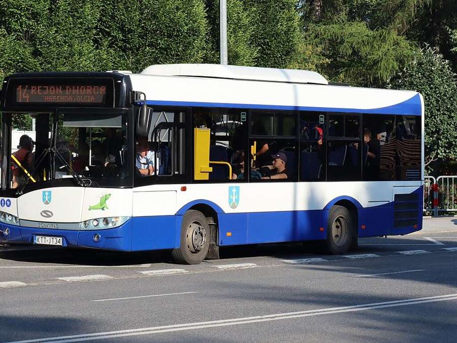 Blue and white city bus of Zakopane at a stop