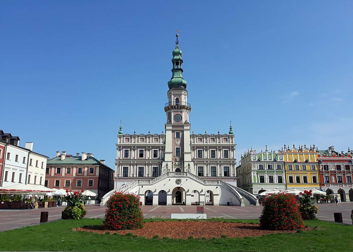 Zamość town hall and the Great Market Square on a sunny day