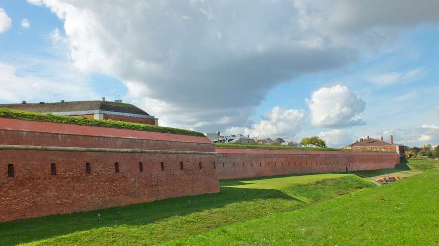 The curtain walls and moat of Zamość's bastion fortifications
