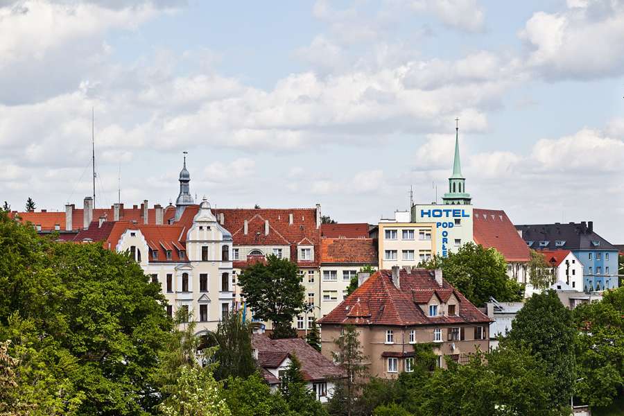 Rooftops and church spires of Zgorzelec seen from above