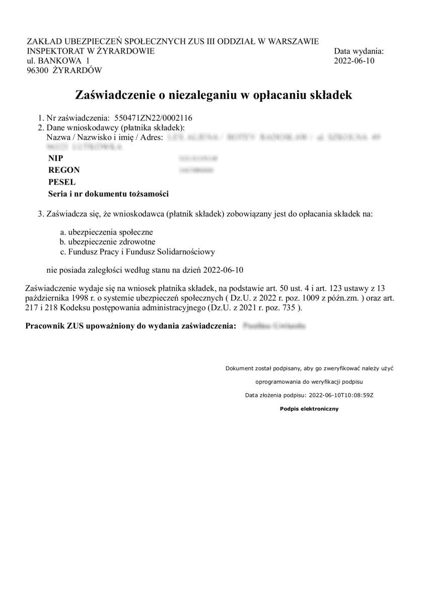 Certificate of no arrears issued by ZUS