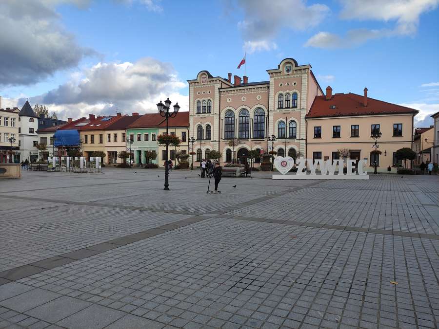 Market square in Żywiec with colourful townhouses and the town hall